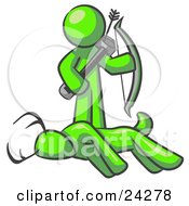 Clipart Illustration Of A Lime Green Man A Hunter Holding A Bow And Arrow Over A Dead Buck Deer