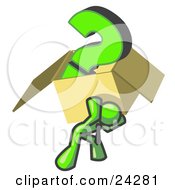 Poster, Art Print Of Lime Green Man Carrying A Heavy Question Mark In A Box