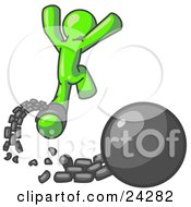 Lime Green Man Jumping For Joy While Breaking Away From A Ball And Chain Symbolizing Freedom From Debt Or Divorce