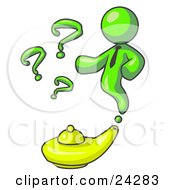 Poster, Art Print Of Lime Green Genie Man Emerging From A Golden Lamp With Question Marks