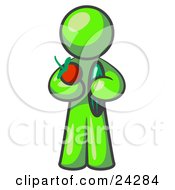 Poster, Art Print Of Healthy Lime Green Man Carrying A Fresh And Organic Apple And Cucumber