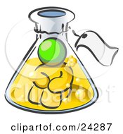 Lime Green Man Trapped Inside A Bubbly Potion In A Laboratory Beaker With A Tag Around The Bottle