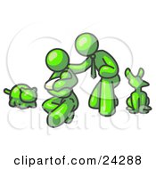 Poster, Art Print Of Lime Green Family Father Mother And Newborn Baby With Their Dog And Cat