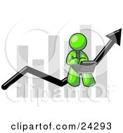 Poster, Art Print Of Lime Green Man Conducting Business On A Laptop Computer On An Arrow Moving Upwards In Front Of A Bar Graph Symbolizing Success