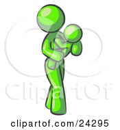 Poster, Art Print Of Lime Green Woman Carrying Her Child In Her Arms Symbolizing Motherhood And Parenting