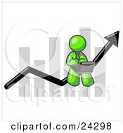 Poster, Art Print Of Lime Green Man Using A Laptop Computer Riding The Increasing Arrow Line On A Business Chart Graph