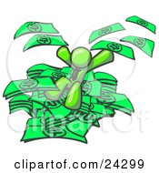 Poster, Art Print Of Green Business Man Jumping In A Pile Of Money And Throwing Cash Into The Air