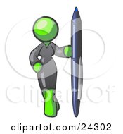 Poster, Art Print Of Lime Green Woman In A Gray Dress Standing With One Hand On Her Hip Holding A Huge Pen