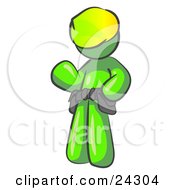 Poster, Art Print Of Friendly Lime Green Construction Worker Or Handyman Wearing A Hardhat And Tool Belt And Waving