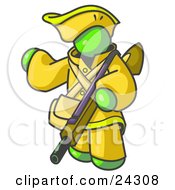 Poster, Art Print Of Lime Green Man In Hunting Gear Carrying A Rifle