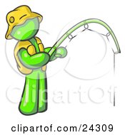 Clipart Illustration Of A Lime Green Man Wearing A Hat And Vest And Holding A Fishing Pole