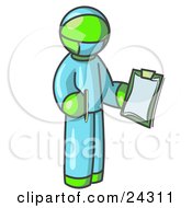 Poster, Art Print Of Lime Green Surgeon Man In Blue Scrubs Holding A Pen And Clipboard
