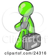 Poster, Art Print Of Lime Green Male Tourist Carrying His Suitcase And Walking With A Camera Around His Neck