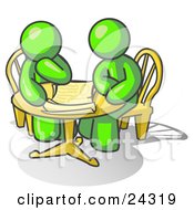 Poster, Art Print Of Two Lime Green Businessmen Sitting At A Table Discussing Papers