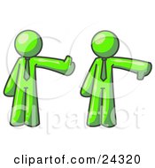 Clipart Illustration Of A Lime Green Business Man Giving The Thumbs Up Then The Thumbs Down by Leo Blanchette