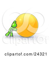 Poster, Art Print Of Strong Lime Green Business Man Pushing An Orange Sphere