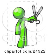 Clipart Illustration Of A Lime Green Lady Character Snipping Out A Coupon With A Pair Of Scissors Before Going Shopping