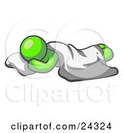 Clipart Illustration Of A Comfortable Lime Green Man Sleeping On The Floor With A Sheet Over Him