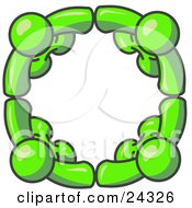 Clipart Illustration Of Four Lime Green People Standing In A Circle And Holding Hands For Teamwork And Unity