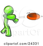 Clipart Illustration Of A Lime Green Man Tossing A Red Flying Disc Through The Air For Someone To Catch