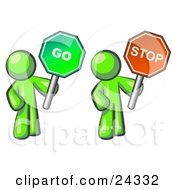 Poster, Art Print Of Lime Green Men Holding Red And Green Stop And Go Signs