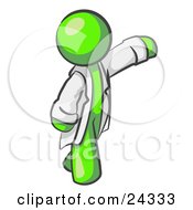 Poster, Art Print Of Lime Green Scientist Veterinarian Or Doctor Man Waving And Wearing A White Lab Coat