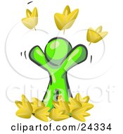 Poster, Art Print Of Carefree Lime Green Man Tossing Up Autumn Leaves In The Air Symbolizing Happiness And Freedom