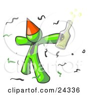 Clipart Illustration Of A Happy Lime Green Man Partying With A Party Hat Confetti And A Bottle Of Liquor