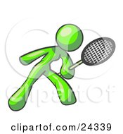 Lime Green Woman Preparing To Hit A Tennis Ball With A Racquet