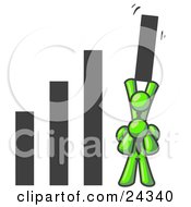 Clipart Illustration Of A Lime Green Man On Another Mans Shoulders Holding Up A Bar In A Graph