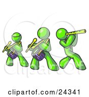 Poster, Art Print Of Three Lime Green Men Playing Flutes And Drums At A Music Concert