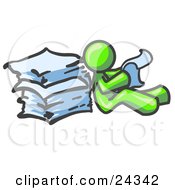 Lime Green Man Leaning Against A Stack Of Papers