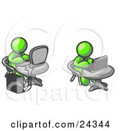 Poster, Art Print Of Two Lime Green Men Employees Working On Computers In An Office One Using A Desktop The Other Using A Laptop