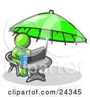 Poster, Art Print Of Traveling Lime Green Business Man Sitting Under An Umbrella At A Table Using A Laptop Computer