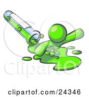Clipart Illustration Of A Lime Green Man Emerging From Spilled Chemicals Pouring Out Of A Glass Test Tube In A Laboratory