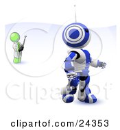 Poster, Art Print Of Lime Green Man Inventor Operating An Blue Robot With A Remote Control