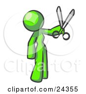 Lime Green Woman Standing And Holing Up A Pair Of Scissors