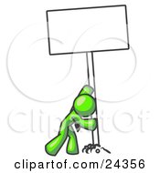 Poster, Art Print Of Strong Lime Green Man Pushing A Blank Sign Upright