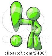 Lime Green Businessman Standing By A Large Exclamation Point