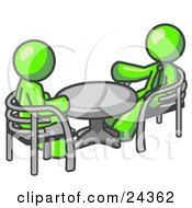 Poster, Art Print Of Two Lime Green Business Men Sitting Across From Eachother At A Table During A Meeting