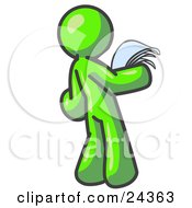 Poster, Art Print Of Serious Lime Green Man Reading Papers And Documents