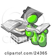 Lime Green Male Student In A Graduation Cap Reading A Book And Leaning Against A Stack Of Books