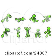 Clipart Illustration Of A Lime Green Man Doing Different Exercises And Stretches In A Fitness Gym