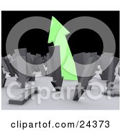 Clipart Illustration Of A Large Green Arrow Pointing Upwards Out Of A Crowd Of Arrows Pointing Downwards