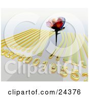 Clipart Illustration Of A Beautiful Rose Sticking Up Out Of A Golden Barcode On A White Background