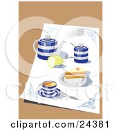 Clipart Illustration Of A Blue And White Tea Set With A Pot Lemon Cups And Saucers And Cake Sitting On A Cloth