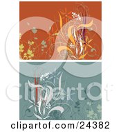 Poster, Art Print Of Floral Backgrounds One Orange One Blue With White Orange And Green Plants And Flowers