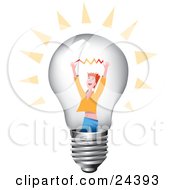 Red Haired Man Holding Up His Arms With A Spark Inside A Clear Glass Lightbulb
