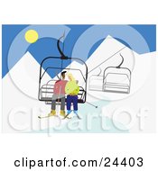 Clipart Illustration Of A Couple Cuddling On A Ski Lift While In The Mountains Skiing by Eugene