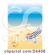 Straw Hat Resting On A Lounge Chair On A Tropical Beach With White Sands A Glass Of Water Starfish And Sea Shells